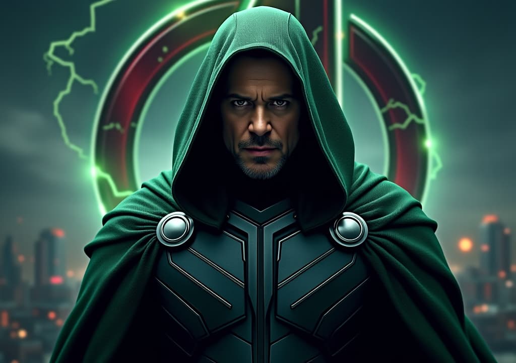  good quality, high quality, a hyper realistic movie poster for "avengers secret war" starring robert downey jr. as doctor doom. he is depicted with a sinister expression, wearing a heavily armored, dark green cloak. the background shows a war torn city in shadows, with the avengers logo partially illuminated by crackling energy.