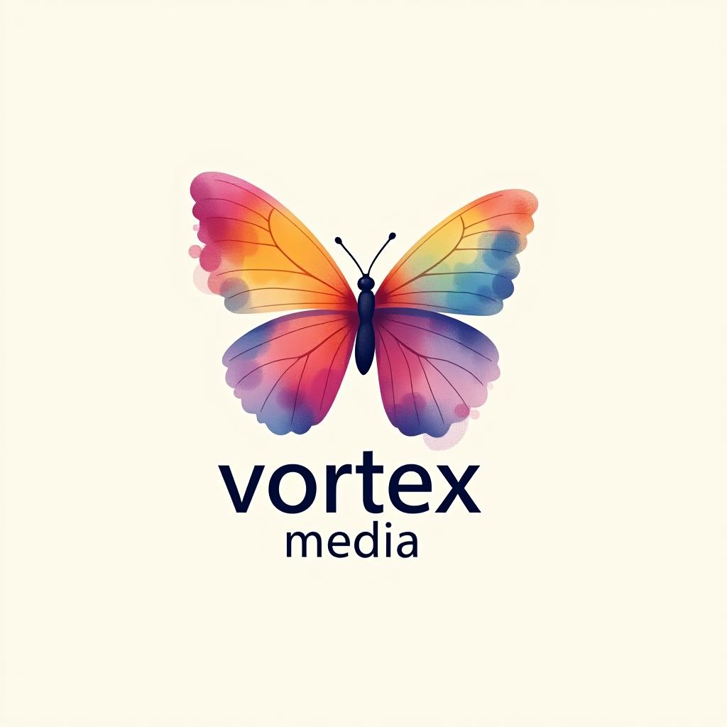  design a logo, watercolor style, logo of a butterfly, beautiful colors, with the text 'vortex media'.