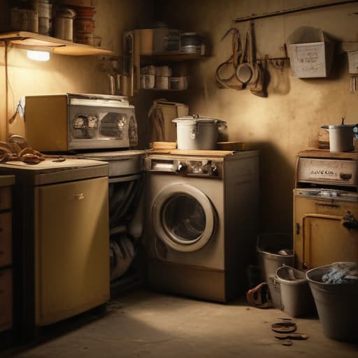 A photo of a skilled technician repairing a vintage washing machine in a dimly-lit, cluttered basement during the late afternoon. The warm, golden light filtering through dusty small windows creates a cinematic atmosphere, casting long shadows across the worn concrete floor. The technician, wearing a grease-stained uniform and holding a toolbox, is focused intently on the task at hand, surrounded by old appliances waiting for restoration. The mix of nostalgia, craftsmanship, and industriousness in this setting captures the essence of appliance repair service in a visually intriguing and storytelling way.