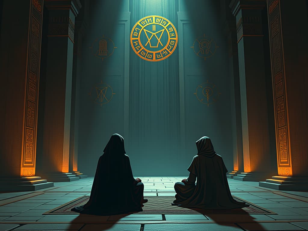  two figures seated in a dimly lit chamber, ancient symbols reflecting off the walls, a sense of deep contemplation and reevaluation. the style is digital art illustration / modern comic book / mysterious occult, symbolic, esoteric vibe,high detail on character design, incorporating ancient egyptian symbology and attire.