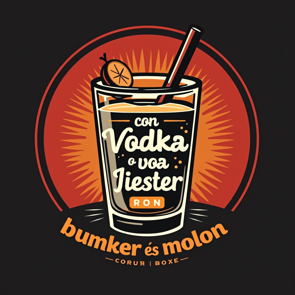  design a logo, un vaso de cubata de fiesta, with the text 'con vodka o con ron bunker es molon'.