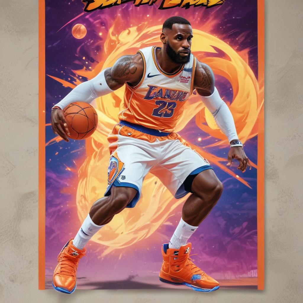 distance-shot, flashy, full-body, dynamic, holographic, animated cartoon poster of lebron james in the style of dragon ball super