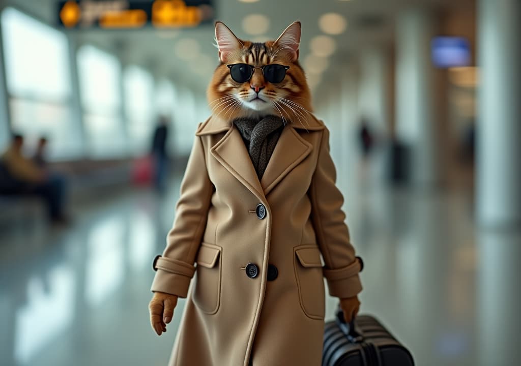  stylish cat dressed in a fashionable coat and sunglasses, walking through an airport with a small suitcase