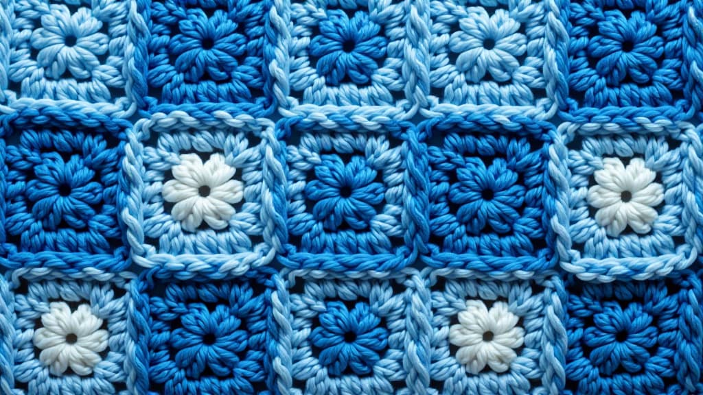  granny squares crochet knitted fabric texture with pattern, seamless tile. blue colors