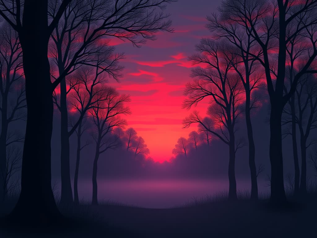  a tranquil clearing under a twilight sky, soft light filtering through trees, gentle mist on the ground, sense of calm and serenity. the style is digital art illustration / modern comic book / graphic dark novel fantasy and mysterious occult, symbolic, moody lighting, esoteric vibe,high detail on character design. for the color scheme emphasize blacks and reds.