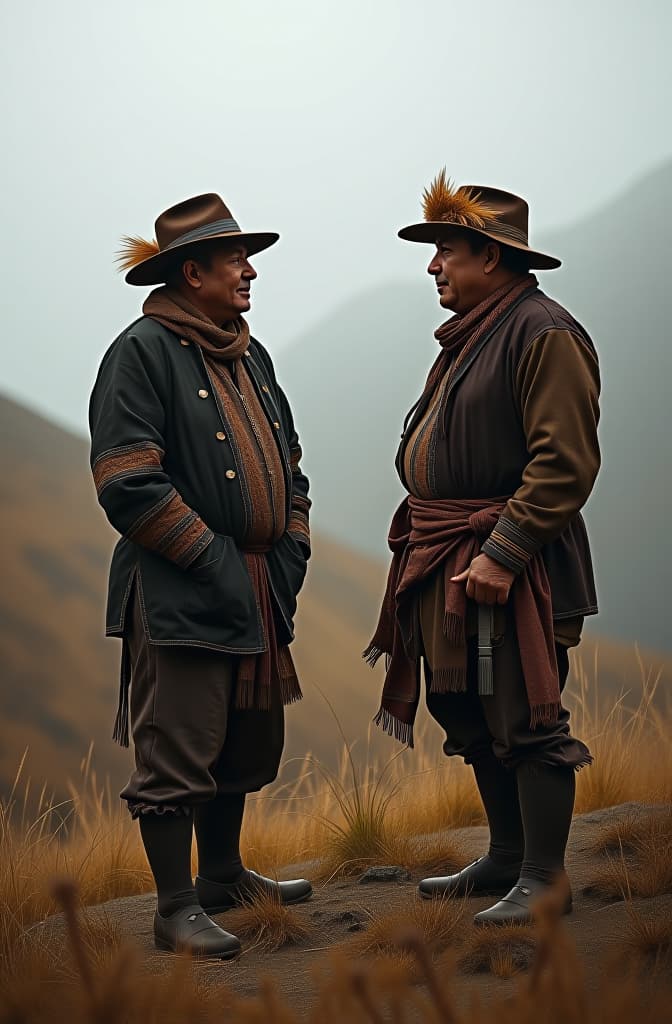  dos hombres peruanos de la sierra conversando sentado hyperrealistic, full body, detailed clothing, highly detailed, cinematic lighting, stunningly beautiful, intricate, sharp focus, f/1. 8, 85mm, (centered image composition), (professionally color graded), ((bright soft diffused light)), volumetric fog, trending on instagram, trending on tumblr, HDR 4K, 8K