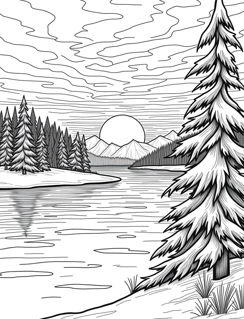  this is for an adult coloring page. a detailed black and white line art of a snowy winter sunset over a frozen lake on a solid white background.