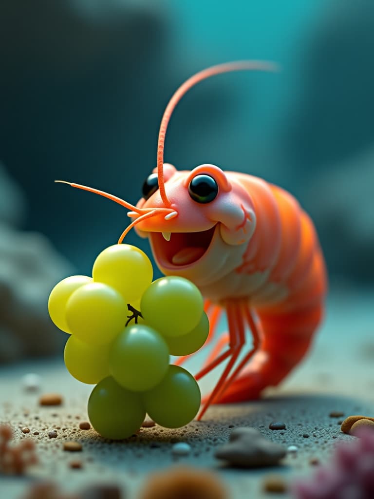  a colorless shrimp on the seabed smiles happily while eating big green grapes. cartoon style. colorful. fantastic. firooze hyperrealistic, full body, detailed clothing, highly detailed, cinematic lighting, stunningly beautiful, intricate, sharp focus, f/1. 8, 85mm, (centered image composition), (professionally color graded), ((bright soft diffused light)), volumetric fog, trending on instagram, trending on tumblr, HDR 4K, 8K