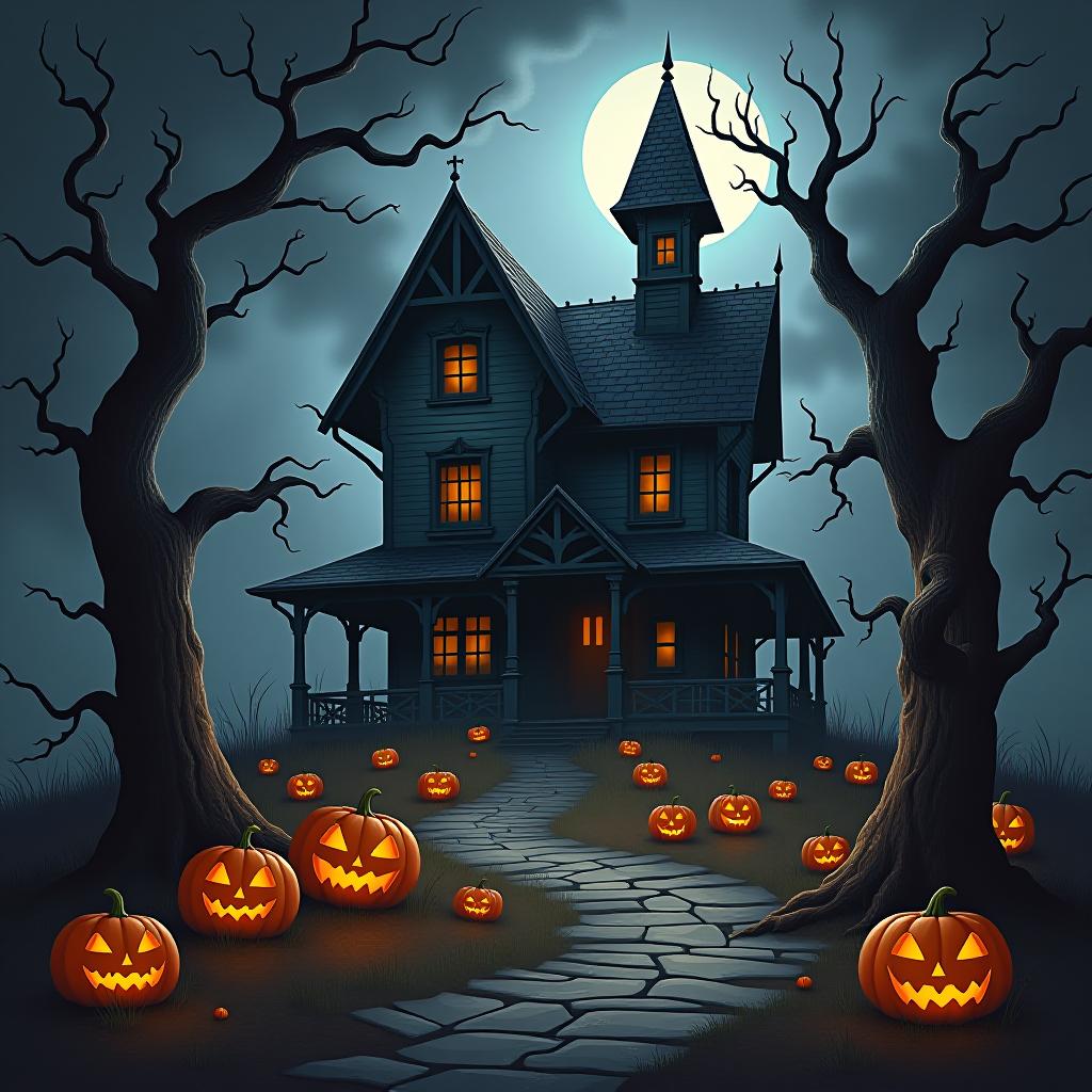  create a seamless digital painting of a spooky, halloween themed scene featuring a haunted house with gothic architecture. the house should be surrounded by twisted, gnarled trees and a multitude of jack o' lanterns. the scene should include a dark, cloudy sky to enhance the eerie atmosphere. the overall style should be detailed and atmospheric, capturing the essence of a haunted, creepy environment perfect for halloween, ensuring the design is seamless for use in repeating patterns or wraps.