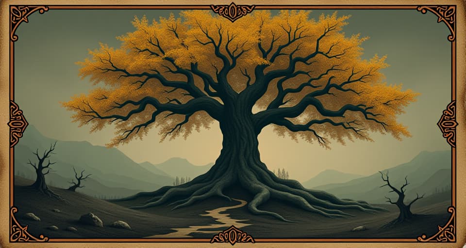  a majestic tree with deep roots, standing tall amidst a barren landscape, golden leaves glistening, representing strength and purpose. an illustration in the style of a worn, mystical old tarot trump card, mysterious and elements of surrealism. the colors are muted, somber and eerie, but with contrast bring out an occult and esoteric vibe.