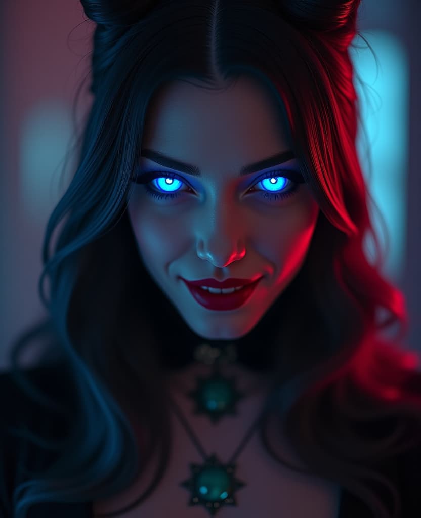  baroness vampire, mysterious smile showing her small fangs, cat eyes with a bright luminescent glow of blue, rich color, hyperrealistic, full body, detailed clothing, highly detailed, cinematic lighting, stunningly beautiful, intricate, sharp focus, f/1. 8, 85mm, (centered image composition), (professionally color graded), ((bright soft diffused light)), volumetric fog, trending on instagram, trending on tumblr, HDR 4K, 8K