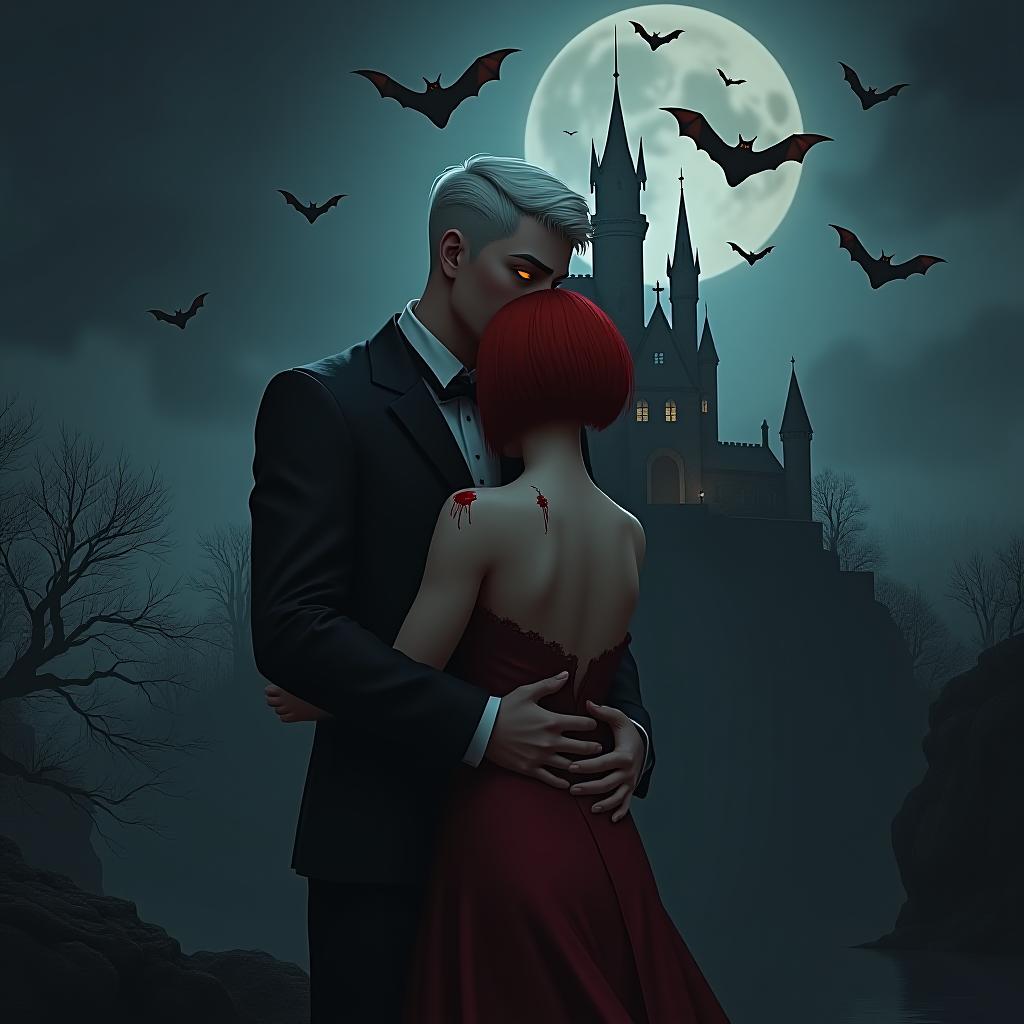  art, a vampire couple in love, at night against the background of a gothic castle, bats are flying in the sky, a guy stands behind and hugs a girl around the waist, a girl has short red hair, blood on the girl's shoulder and bite marks, a guy has short white hair, they eyes are burning hyperrealistic, full body, detailed clothing, highly detailed, cinematic lighting, stunningly beautiful, intricate, sharp focus, f/1. 8, 85mm, (centered image composition), (professionally color graded), ((bright soft diffused light)), volumetric fog, trending on instagram, trending on tumblr, HDR 4K, 8K