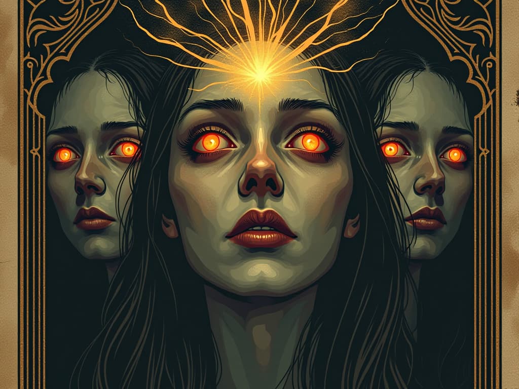  spark of realization, eyes alight with clarity, faces illuminated with newfound understanding, bright and unmistakable spark in eyes. an illustration in the style of a worn, mystical old tarot trump card, mysterious and elements of surrealism. the colors are muted, somber and eerie, but with contrast bring out an occult and esoteric vibe.