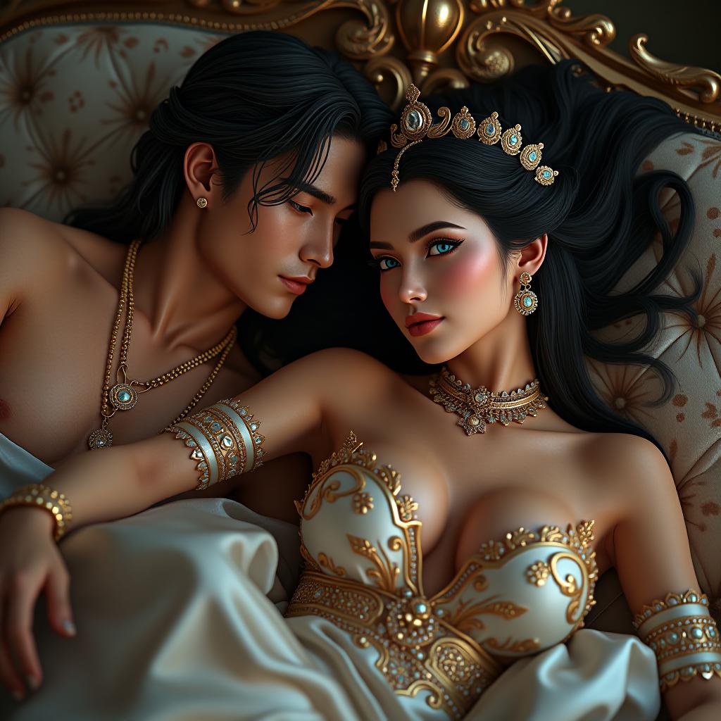  1 male, 1 female, a having in a position, ( , , in , out, lying , face, blush, sweaty, thigh ) ultra realistic 8k cg, epic, (royal palace), royal, perfect artwork, masterpiece, picture perfect face, perfect face, beautiful face, ((perfect female body)), , charming, , , alluring, enchanting, , mature female, , narrow waist, gorgeous goddess, deity, divine queen, absurdly long hair, blue eyes, glowing eyes, piercing eyes, looking at viewer, large s, puffy s, s out, ((intricate detail, delicate pattern)), science fiction, jewelry, gem, gold, diamond, hyperrealistic, full body, detailed clothing, highly detailed, cinematic lighting, stunningly beautiful, intricate, sharp focus, f/1. 8, 85mm, (centered image composition), (professionally color graded), ((bright soft diffused light)), volumetric fog, trending on instagram, trending on tumblr, HDR 4K, 8K