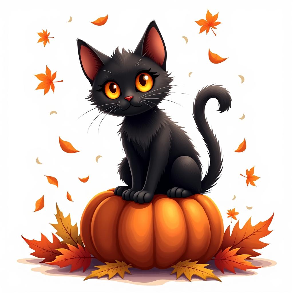  a cute black cat with glowing eyes sitting on a pumpkin, surrounded by swirling autumn leaves in a whimsical style, with warm, moody lighting. t shirt design, vector, contour, white background, no mockup hyperrealistic, full body, detailed clothing, highly detailed, cinematic lighting, stunningly beautiful, intricate, sharp focus, f/1. 8, 85mm, (centered image composition), (professionally color graded), ((bright soft diffused light)), volumetric fog, trending on instagram, trending on tumblr, HDR 4K, 8K