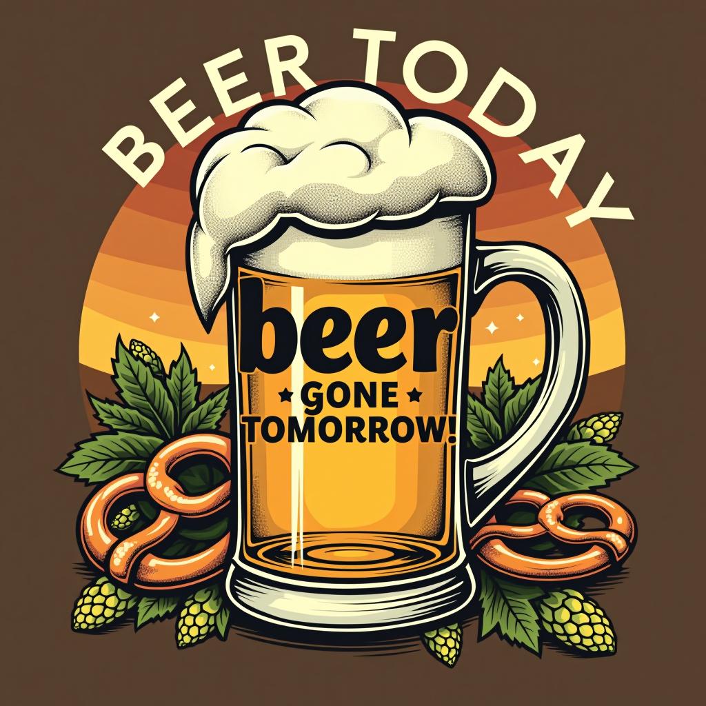  a vintage style t shirt with a frothy beer mug and playful text 'beer today, gone tomorrow!' amidst oktoberfest elements like pretzels and hops.