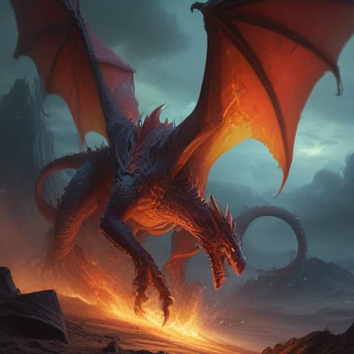 In a dark, desolate wasteland, a massive dragon with fiery red scales and glowing yellow eyes emerges from the shadows. Its wings spread wide, casting a sinister shadow over the barren landscape. Flames lick at its sharp claws and fangs, leaving a trail of destruction in its wake. The dragon's soul burns with an intense, otherworldly power, ready to unleash chaos upon all who dare to challenge it. fantastical creatures or characters inspired by mythology, folklore, or popular culture. use vibrant colors, sharp lines, intricate details, dynamic poses, dramatic lighting, atmospheric backgrounds, and blend anime, manga, and Western comic influences.