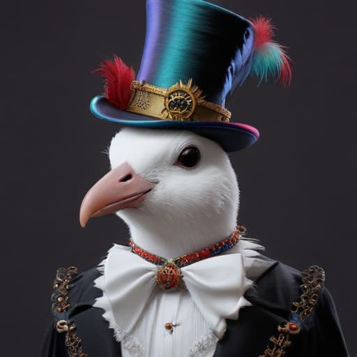 Rainbow gragqueenmagician’s top hat and headdress tuxedo with doves high Elizabethan collar wand paraso, ultra realistic, 3d, digital art, artstation, octane render, dynamic, high qualitydetailed, intricate, full of colour