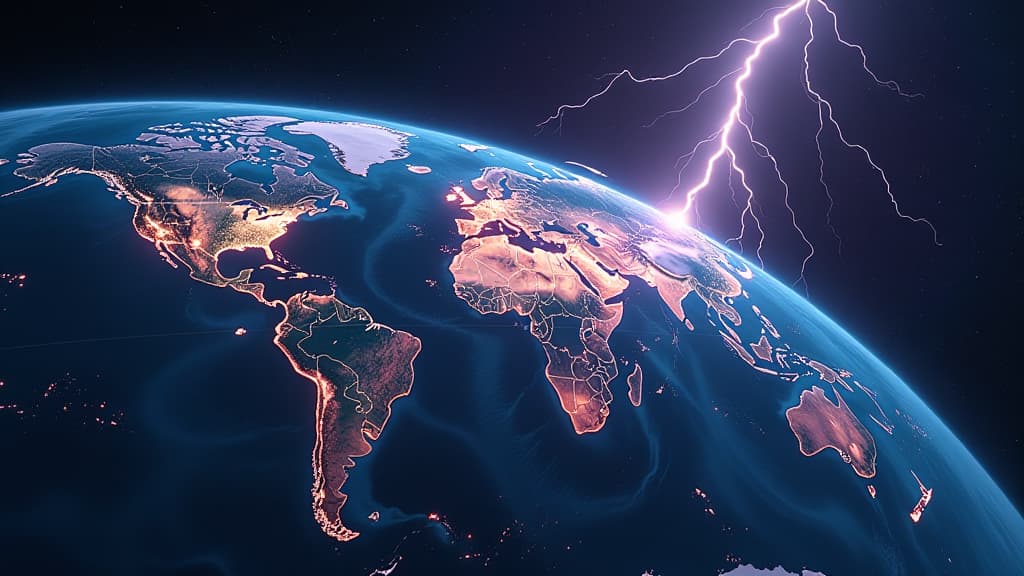  prompt: create an ultra realistic and highly detailed image showcasing the cutting edge technology of the lightning imager aboard the meteosat weather satellites. the scene should depict a dramatic view from space, with four state of the art cameras capturing lightning discharges across vast geographical areas like europe, africa, and south america. ensure the image includes intricate details of lightning activities, precise monitoring capabilities with up to 1000 images per second, and colorful