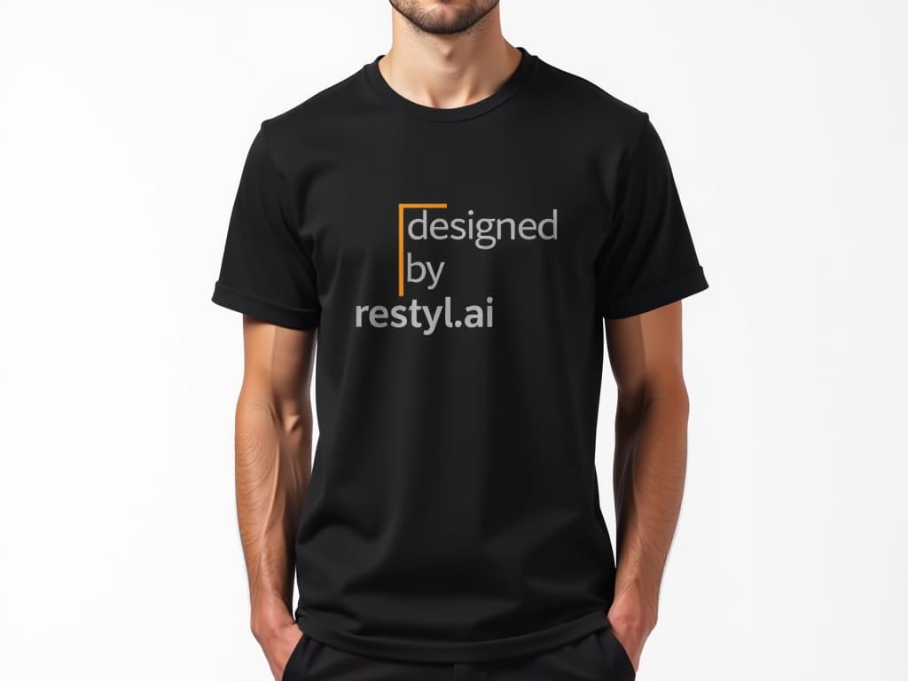  create an image of a full body men's wearing [garment] with the following specifications: ( create a realistic image of a slim male model wearing a black t shirt featuring a minimalist aesthetic vector design. the t shirt design should include a geometric abstract image, along with the text (designed by restyl.ai) clearly displayed. the entire image should be isolated on a white background. ) hyperrealistic, full body, detailed clothing, highly detailed, cinematic lighting, stunningly beautiful, intricate, sharp focus, f/1. 8, 85mm, (centered image composition), (professionally color graded), ((bright soft diffused light)), volumetric fog, trending on instagram, trending on tumblr, HDR 4K, 8K