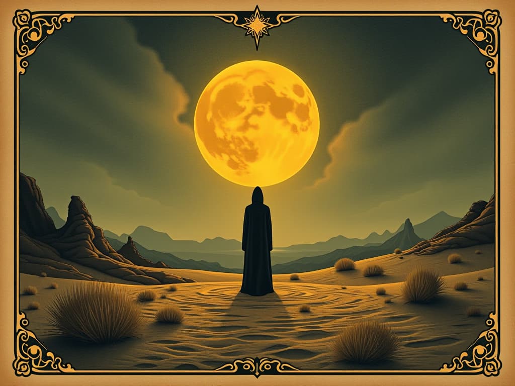  a lone figure in a desert, golden light, transformation, meditation, golden wisdom, self reflection. an illustration in the style of a worn, mystical old tarot trump card, mysterious and elements of surrealism. the colors are muted, somber and eerie, but with contrast bring out an occult and esoteric vibe.