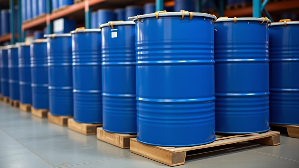  blue barrels stacked on pallet in a warehouse.