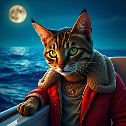  in a vibrant, ultra realistic style reminiscent of a comic book, hemule, a rebellious tabby cat with green eyes, exudes charisma on a luxury yacht at night in the vast ocean. the scene captures hemule's tough persona against the backdrop of the shimmering moonlit waves, embodying an edgy vibe with impeccable style, creating a mesmerizing and luxurious atmosphere. hyperrealistic, full body, detailed clothing, highly detailed, cinematic lighting, stunningly beautiful, intricate, sharp focus, f/1. 8, 85mm, (centered image composition), (professionally color graded), ((bright soft diffused light)), volumetric fog, trending on instagram, trending on tumblr, HDR 4K, 8K