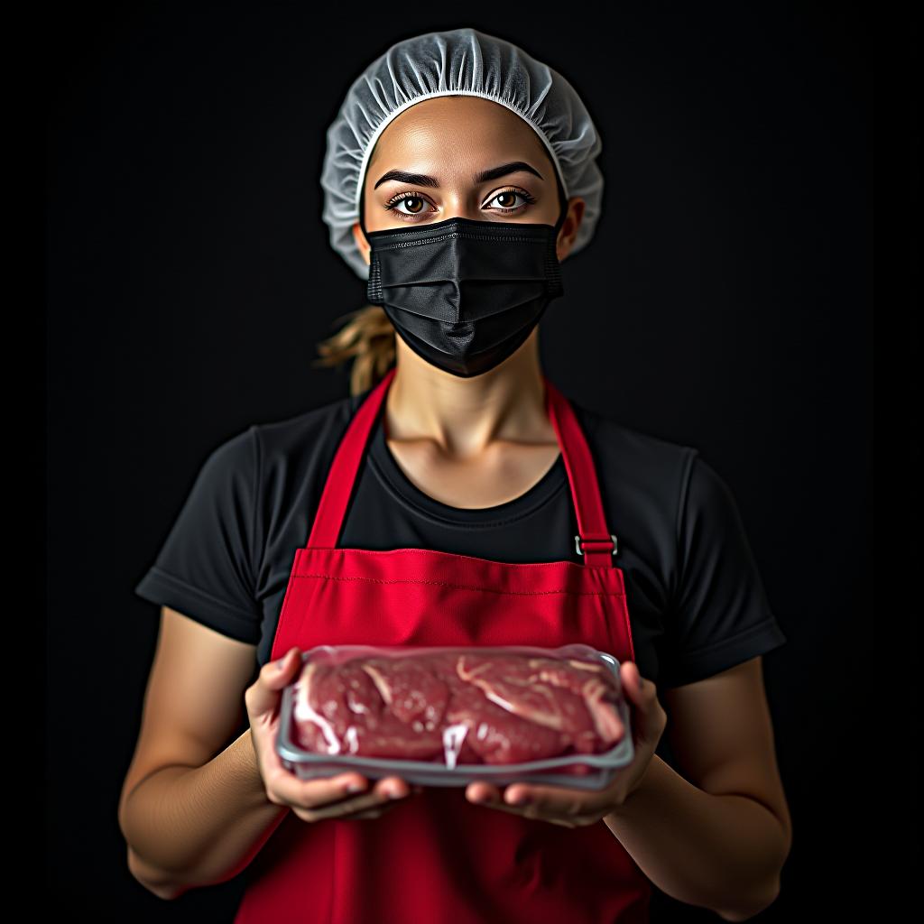  beautiful brazilian woman, light brown eyes, holding a vacuum packed meat, wearing a black mask, red apron and disposable cap, black background, realistic, portrait, art by donato giancola and greg rutkowski, realistic face, digital art, trending on artstation hyperrealistic, full body, detailed clothing, highly detailed, cinematic lighting, stunningly beautiful, intricate, sharp focus, f/1. 8, 85mm, (centered image composition), (professionally color graded), ((bright soft diffused light)), volumetric fog, trending on instagram, trending on tumblr, HDR 4K, 8K