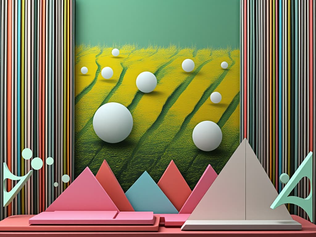  modern, abstract art piece featuring a combination of vertical lines and geometric shapes. the layout includes a series of vertical, multicolored lines that create a sense of depth and texture. the background consists of a gradient of green and yellow hues, resembling a field, with white spherical shapes distributed throughout, adding a three dimensional effect. in the foreground, there are pink and blue triangular forms that appear to be rising from the bottom, contributing to the layered composition. the overall style is contemporary and visually dynamic, with a focus on color contrast and spatial arrangement.