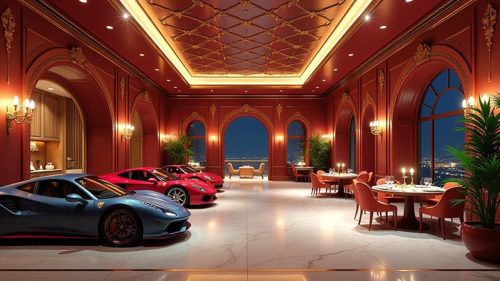  prompt: create an ultra realistic and detailed image showcasing a luxurious private car collector's club in bahrain established by dupont registry and prive. include the dupont registry and prive logos prominently. capture the exclusive atmosphere near the bahrain international circuit with opulent private garage suites, an elegant member lounge, exclusive restaurants, and a sophisticated wellness center. use a vibrant color palette, intricate design elements, and dramatic lighting to convey a s