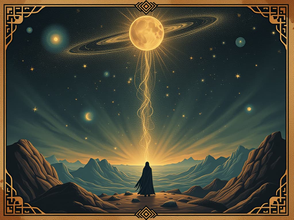  vast, starry expanse, shimmering cosmic threads, mysterious and infinite. an illustration in the style of a worn, mystical old tarot trump card, mysterious and elements of surrealism. the colors are muted, somber and eerie, but with contrast bring out an occult and esoteric vibe.