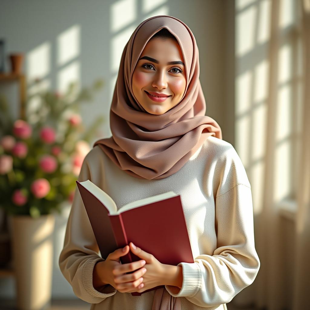  a woman in a headscarf with a book in her hands, dressed in light clothing, standing in a bright room with flowers.