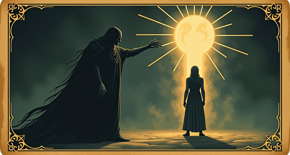  dark figure with menacing aura targeting a radiant figure, contrasting light and dark, ominous, relentless. an illustration in the style of a worn, mystical old tarot trump card, mysterious and elements of surrealism. the colors are muted, somber and eerie, but with contrast bring out an occult and esoteric vibe.