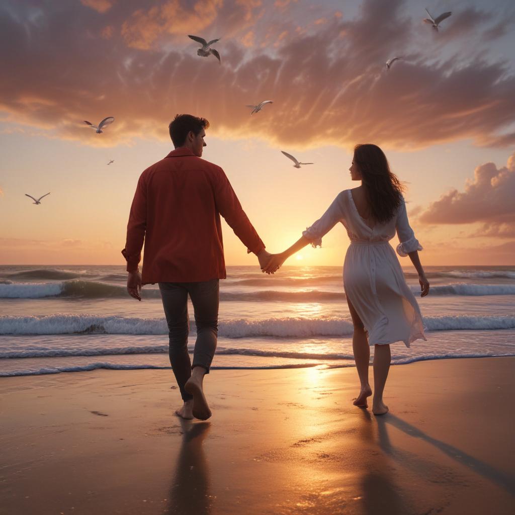 ((masterpiece)),(((best quality))), 8k, high detailed, ultra detailed, A boyfriend and girlfriend, holding hands, walking on a beach, sunset in the background, waves crashing, seagulls flying overhead hyperrealistic, full body, detailed clothing, highly detailed, cinematic lighting, stunningly beautiful, intricate, sharp focus, f/1. 8, 85mm, (centered image composition), (professionally color graded), ((bright soft diffused light)), volumetric fog, trending on instagram, trending on tumblr, HDR 4K, 8K