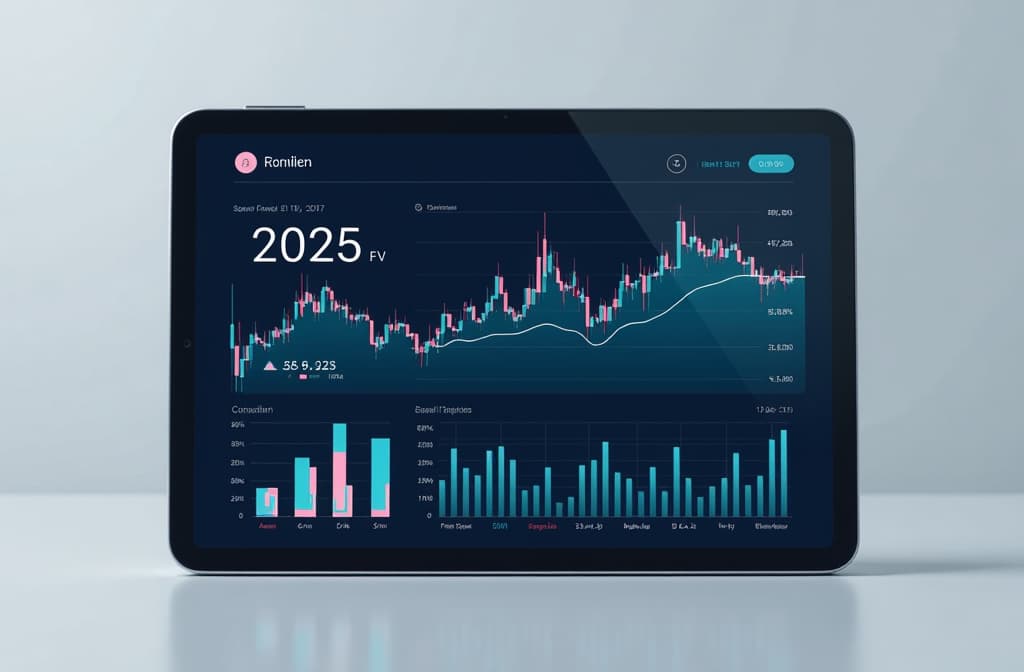  a minimalist «2025» design on a digital tablet screen, with financial graphs and market trends in the background {prompt}, maximum details