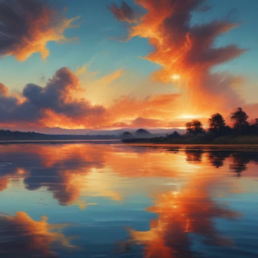 Fire on the water with land and sky in Oil painting style