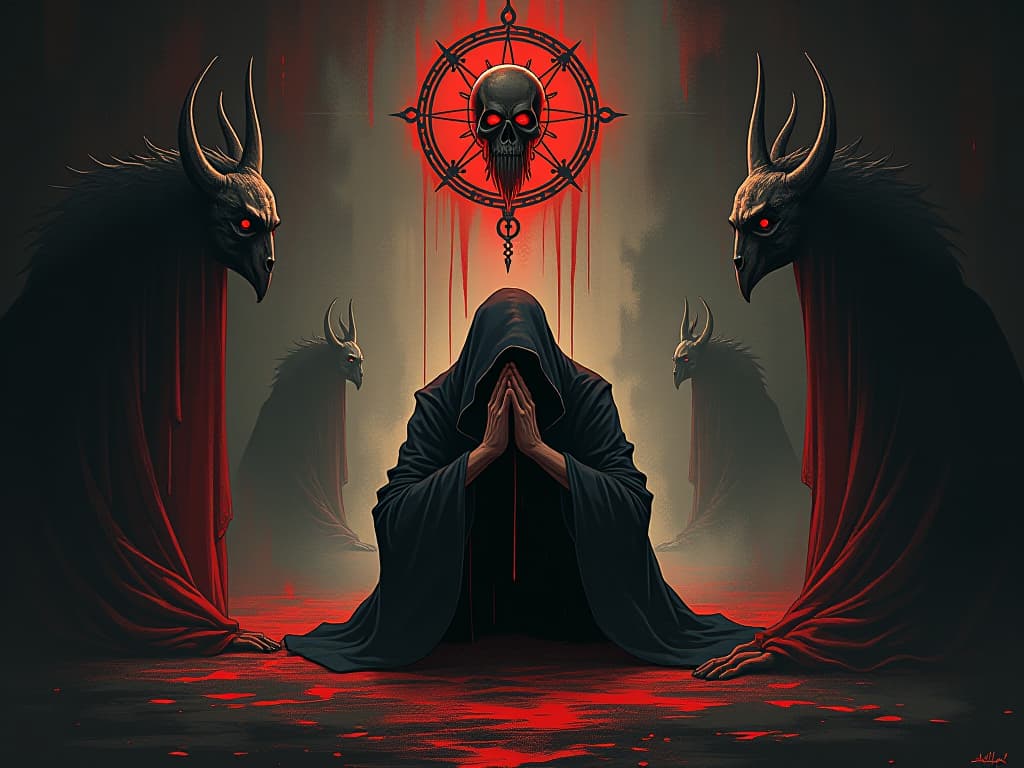  individual bowing their head slightly, surrounded by symbolic representations of past mistakes, subtle imagery of growth and renewal.. the style is dark fantasy and mysterious occult, symbolic, moody lighting, esoteric vibe,high detail on character design. for the color scheme emphasize blacks and reds.