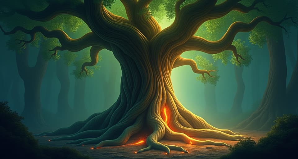  ancient tree with luminous roots, woven into the earth, glow emanating from the bark, forest floor illuminated, atmosphere of timeless wisdom. the style is digital art illustration,highly detailed, whimsical,magical, dreamlike atmosphere, realism and fantasy blend, smooth, glossy textures,luminous quality, wonder and enchantment.