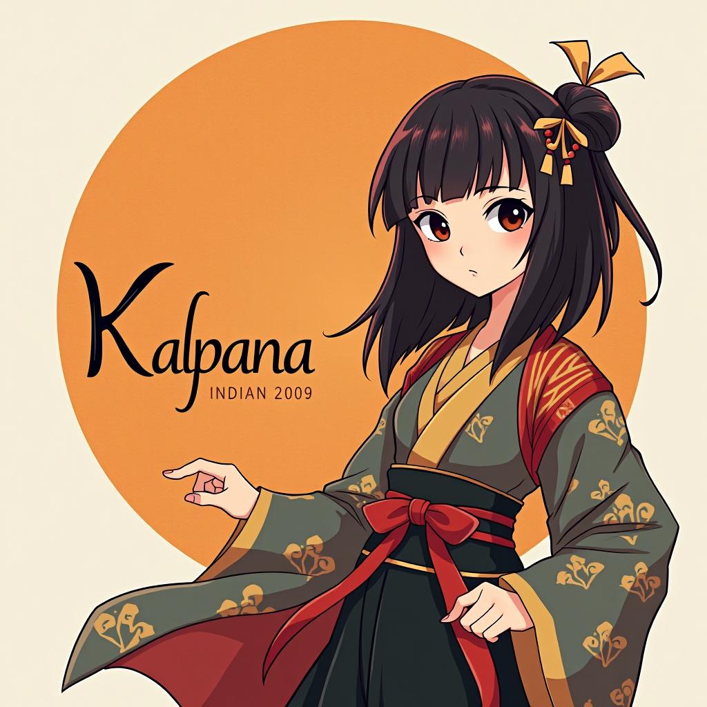  a fair skinned indian girl with an appearance that resembles a japanese character, wearing traditional indian attire with modern influences. she has large expressive eyes, straight black hair styled in a blend of traditional indian and modern japanese fashion, and a calm, confident expression. the girl is standing in a dynamic pose, with the text ‘kalpana’ elegantly displayed as a logo near her, possibly in a calligraphic or stylish font. the background is a blend of indian and japanese cultural elements, symbolizing her unique identity