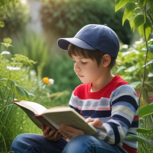 A boy with a cap sitting in a garden and reading books