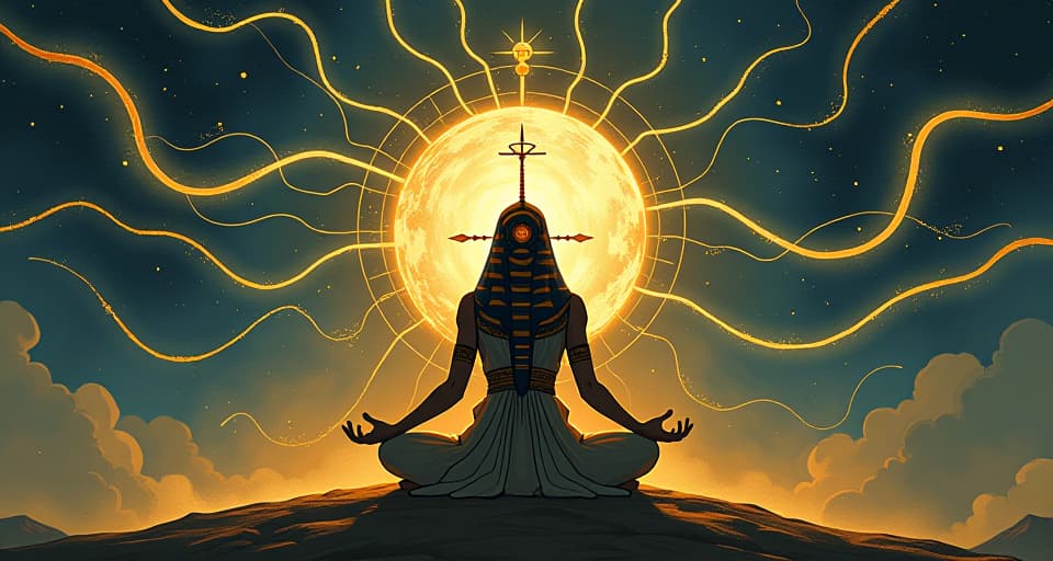  wavy lines of telepathic energy, connecting a person in meditation to unseen spirits, subtle but distinct. the style is digital art illustration / modern comic book / mysterious occult, symbolic, esoteric vibe,high detail on character design, incorporating ancient egyptian symbology and attire.