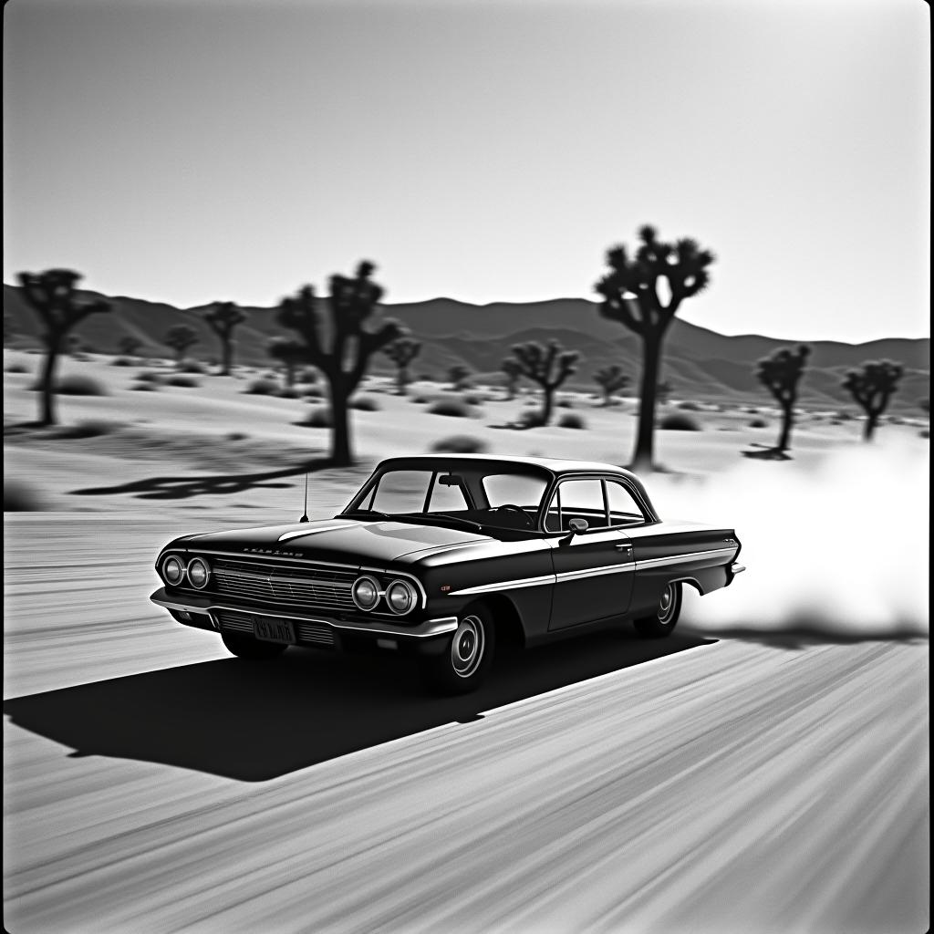  a black and white photograph of a desert scene in the mojave desert, american west, with a black tame impala retro car driving fast past joshua trees. the image has a high contrast between the light gray sand and the dark shadows, creating an intense atmosphere with a vintage film camera feel and a grainy texture. there is a text 'astravision' at the bottom right corner of the image. hyperrealistic, full body, detailed clothing, highly detailed, cinematic lighting, stunningly beautiful, intricate, sharp focus, f/1. 8, 85mm, (centered image composition), (professionally color graded), ((bright soft diffused light)), volumetric fog, trending on instagram, trending on tumblr, HDR 4K, 8K