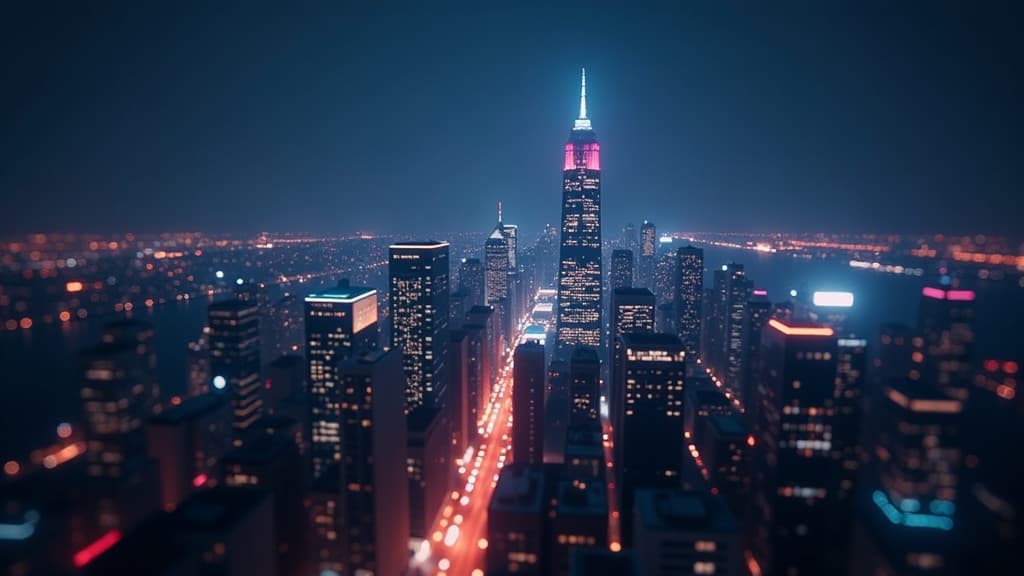  professional detailed photography, virtual abstract technology network on blurred night illuminated futuristic neon city skyscrapers ar 16:9, (muted colors, dim colors, soothing tones), (vsco:0.3)