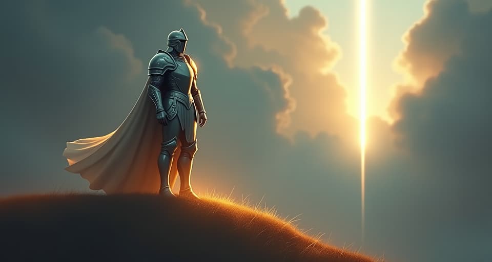  an ethereal knight, armored in shimmering, translucent plates, standing atop a glowing hill. behind them, a celestial light breaks through dark clouds, symbolizing resurgence and unyielding determination.. the style is digital art illustration,highly detailed, whimsical,magical, dreamlike atmosphere, realism and fantasy blend, smooth, glossy textures,luminous quality, wonder and enchantment.