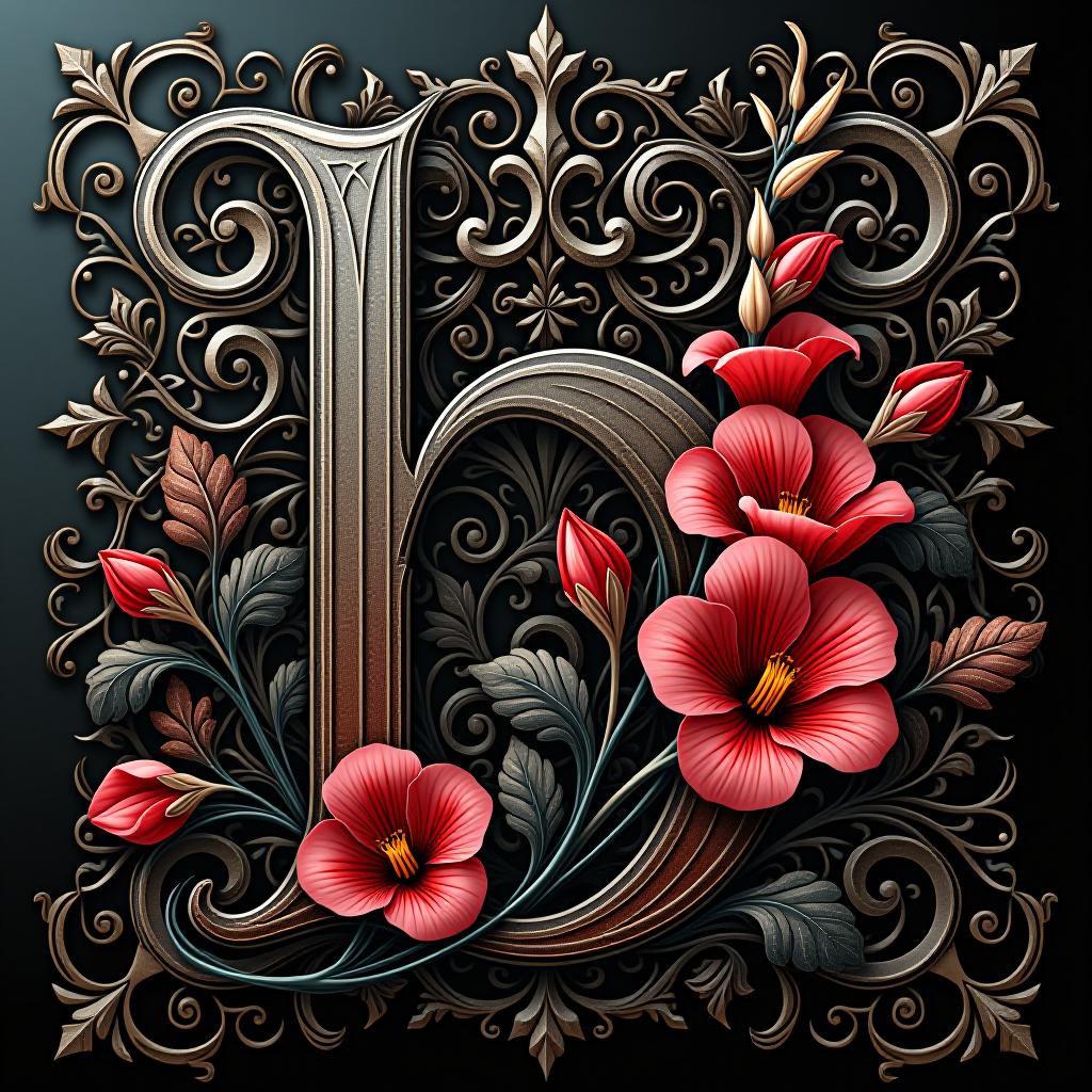  stylised image of the letter "h". digital image with double exposure. ((vector art)). outline (of the letter "b": 1,7):: filled with gladiolus, red, leaves and swirls. hyperdetailing. elegance. background: complex black ornamentation, surrealist abstraction, swirls, vegetal ornamentation. gradient, fractal. baroque and rococo, noir, art deco, art nouveau, art nouveau, zentangle, in the manner of vasnetsov.