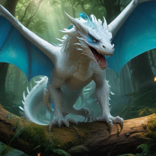 In a mystical forest, a majestic Blue-Eyes White Dragon with shimmering scales and piercing blue eyes stands tall. Its once pristine wings are now tattered and torn, wounded by a powerful green spell cast by a mysterious spellcaster. The dragon's expression shows a mix of pain and determination as it prepares to retaliate. The dark aura surrounding the dragon amplifies its raw power and resilience. The scene is bathed in a surreal light, creating an atmosphere of tension and magic. fantastical creatures or characters inspired by mythology, folklore, or popular culture. use vibrant colors, sharp lines, intricate details, dynamic poses, dramatic lighting, atmospheric backgrounds, and blend anime, manga, and Western comic influences.