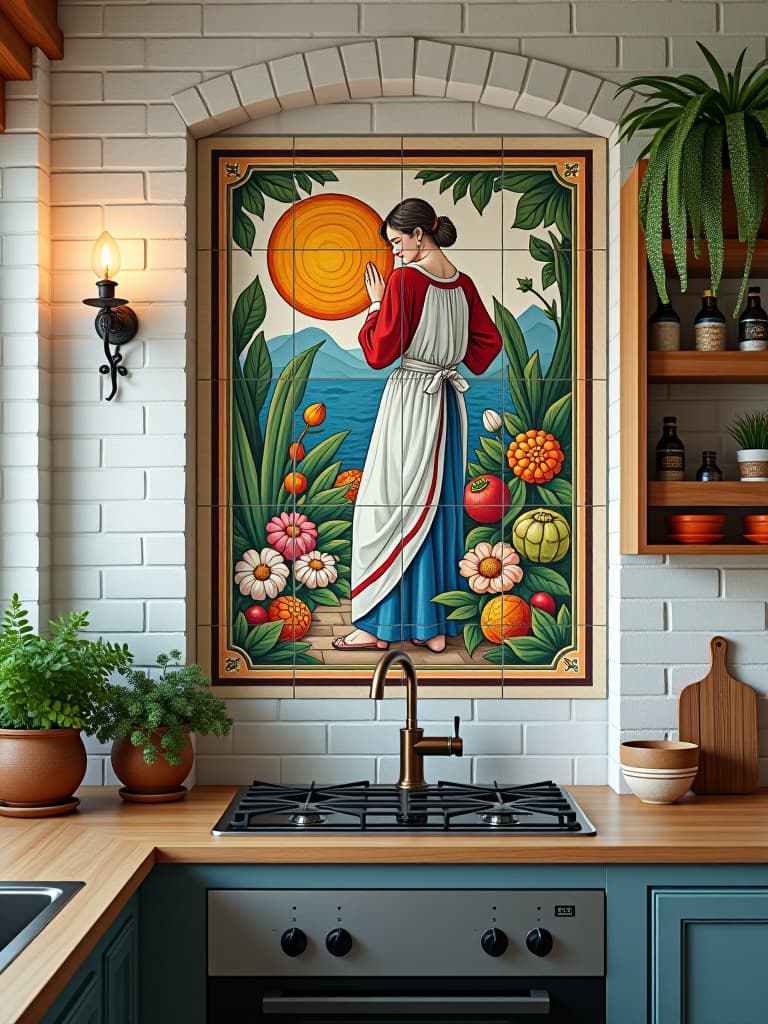  high quality portrait photo of a mediterranean inspired kitchen wall with a vibrant hand painted tile mural, surrounded by whitewashed brick and adorned with wrought iron wall sconces and a rustic wooden spice rack hyperrealistic, full body, detailed clothing, highly detailed, cinematic lighting, stunningly beautiful, intricate, sharp focus, f/1. 8, 85mm, (centered image composition), (professionally color graded), ((bright soft diffused light)), volumetric fog, trending on instagram, trending on tumblr, HDR 4K, 8K