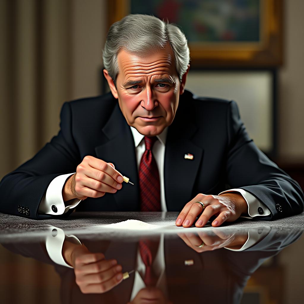  make an image of george w. bush doing a line of cocaine on a mirrored surface. photorealistic.