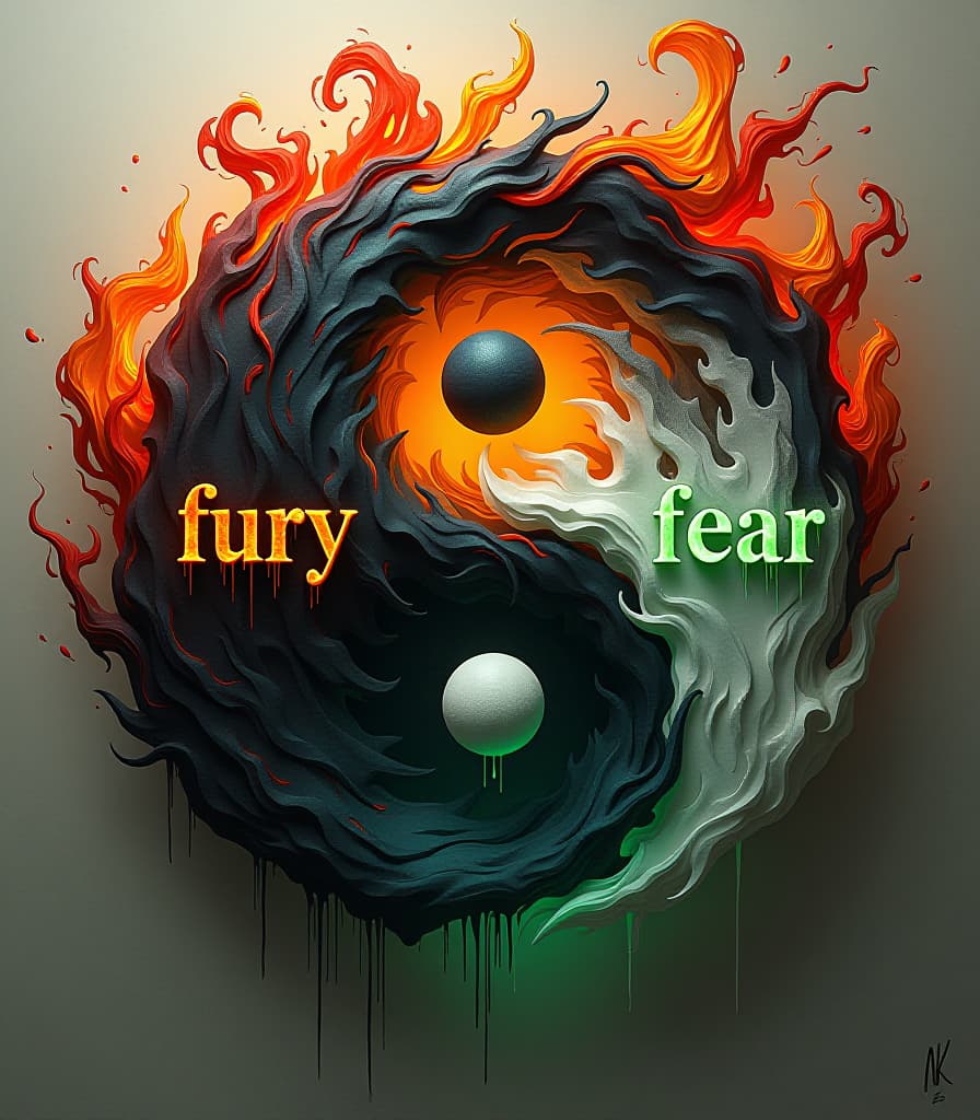  (masterpiece, high resolution, surrealism:1.3), intricate yin yang symbol, (text "fury" in fiery letters:1.4), flames dancing, vibrant oranges and reds, (text "fear" in toxic green letters:1.4), dripping effects, sinister undertones, harmonious balance of opposites, abstract art style, swirling patterns, dynamic textures, luminous backgrounds, contrasting elements, deep shadows, bright highlights, ethereal atmosphere, digital painting, captivating visual flow, eye catching composition, central focus on the yin yang, evoking emotion and thought. hyperrealistic, full body, detailed clothing, highly detailed, cinematic lighting, stunningly beautiful, intricate, sharp focus, f/1. 8, 85mm, (centered image composition), (professionally color graded), ((bright soft diffused light)), volumetric fog, trending on instagram, trending on tumblr, HDR 4K, 8K