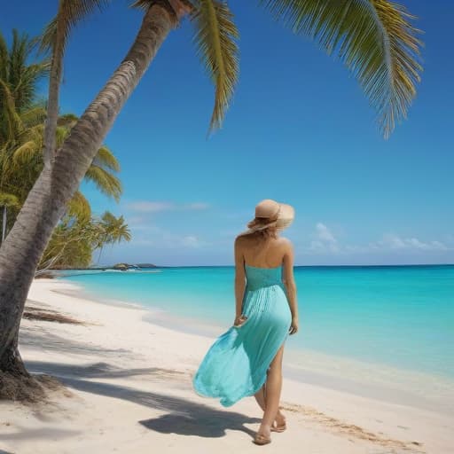 Create a vibrant image of a female model on tropical beach with turquoise waters, palm trees, and a clear blue sky to evoke a sense of paradise.